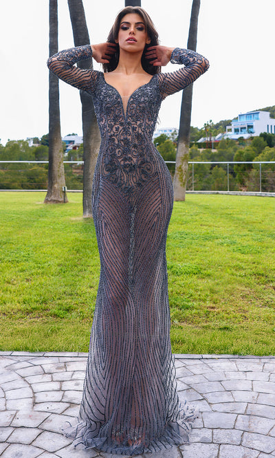 Chic and Holland HF110397 - V-Neck Bead Ornate Evening Dress Prom Dresses 0 / Gunmetal