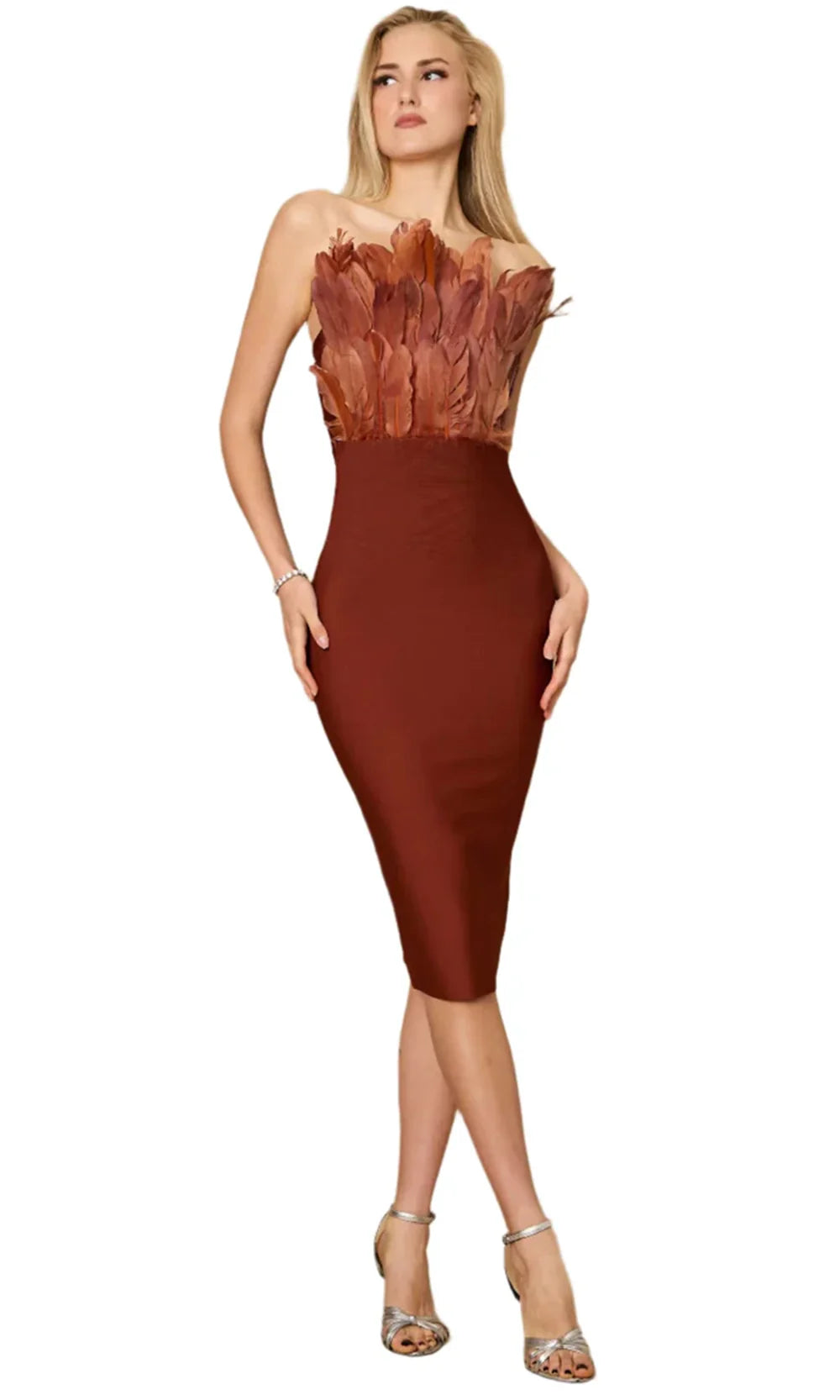 Dylan & Davids DD1310 - Knee-length Sheath Dress - Feathered Strapless Bodice, Fitted, Mid-Open Back, Exposed Back Zipper S / Black Dylan & Davids DD1310 - Knee-length Sheath Dress - Feathered Strapless Bodice, Fitted, Mid-Open Back, Exposed Back Zipper S / Black