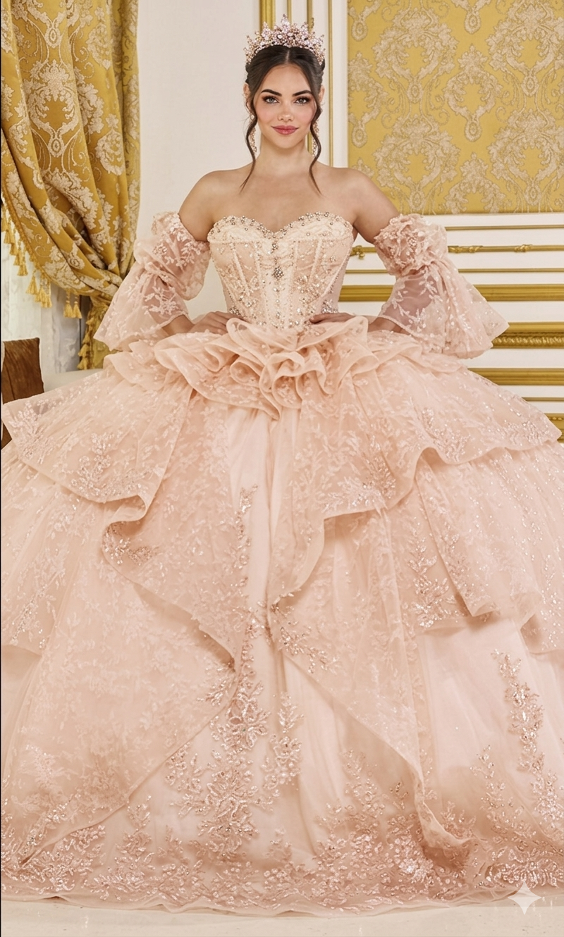 Dancing Queen 5116 - Floral Embroidered Regal Puff Sleeve Gown Quinceanera Dresses