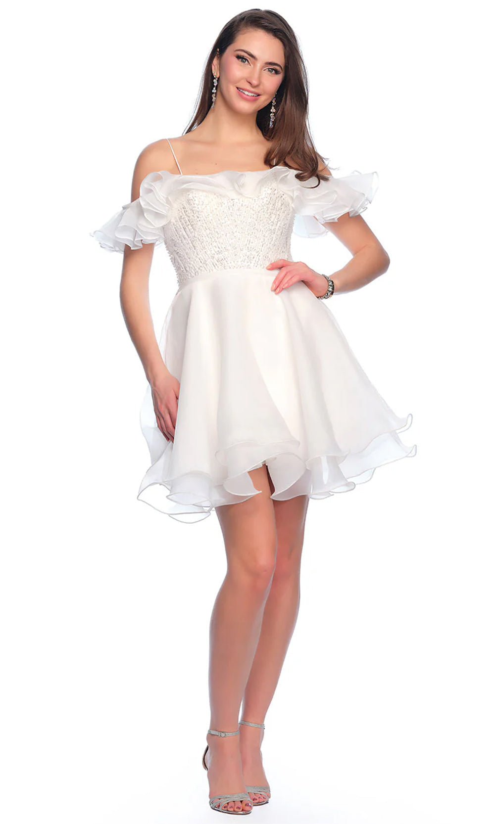 Dave & Johnny 11201 - Sequin Off Shoulder Cocktail Dress Homecoming Dresses 0 / White