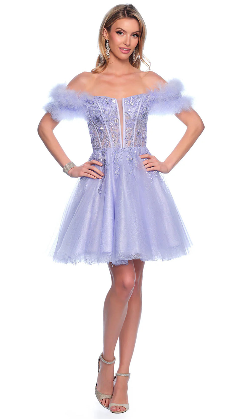 Dave & Johnny 11775 - Feather Sleeve Tulle Cocktail Dress Homecoming Dresses 0 / Blue