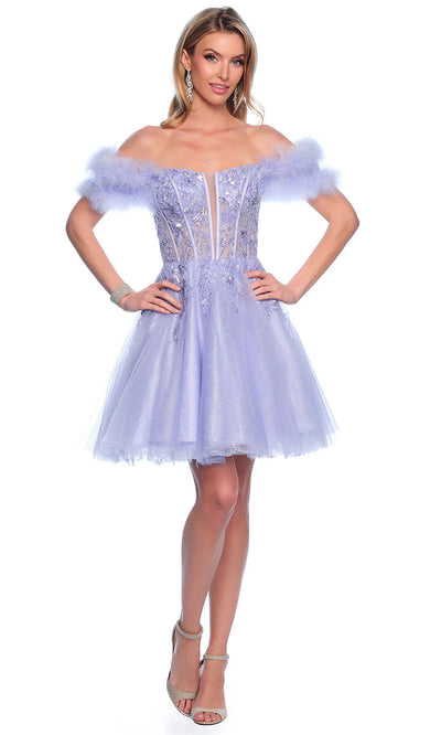 Dave & Johnny 11775 - Feather Sleeve Tulle Cocktail Dress Homecoming Dresses 0 / Blue