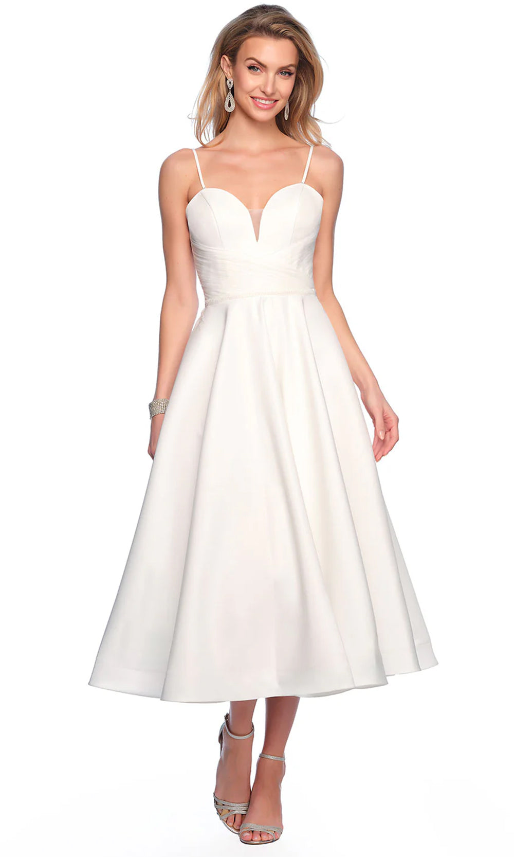 Dave & Johnny Bridal 12005 - Tea Length Mikado A-Line Dress - Spaghetti Straps, Illusion Inset, Ruched Cross Detail, Sheer Embroidered Midrise Back, Dave & Johnny Bridal 12005 - Tea Length Mikado A-Line Dress - Spaghetti Straps, Illusion Inset, Ruched Cross Detail, Sheer Embroidered Midrise Back,