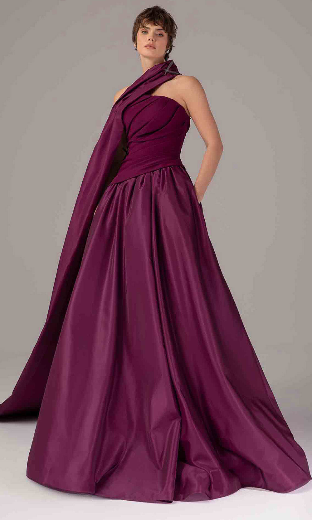 MNM COUTURE E0089 - Draped Bodice Satin Evening Gown Formal Gowns Purple