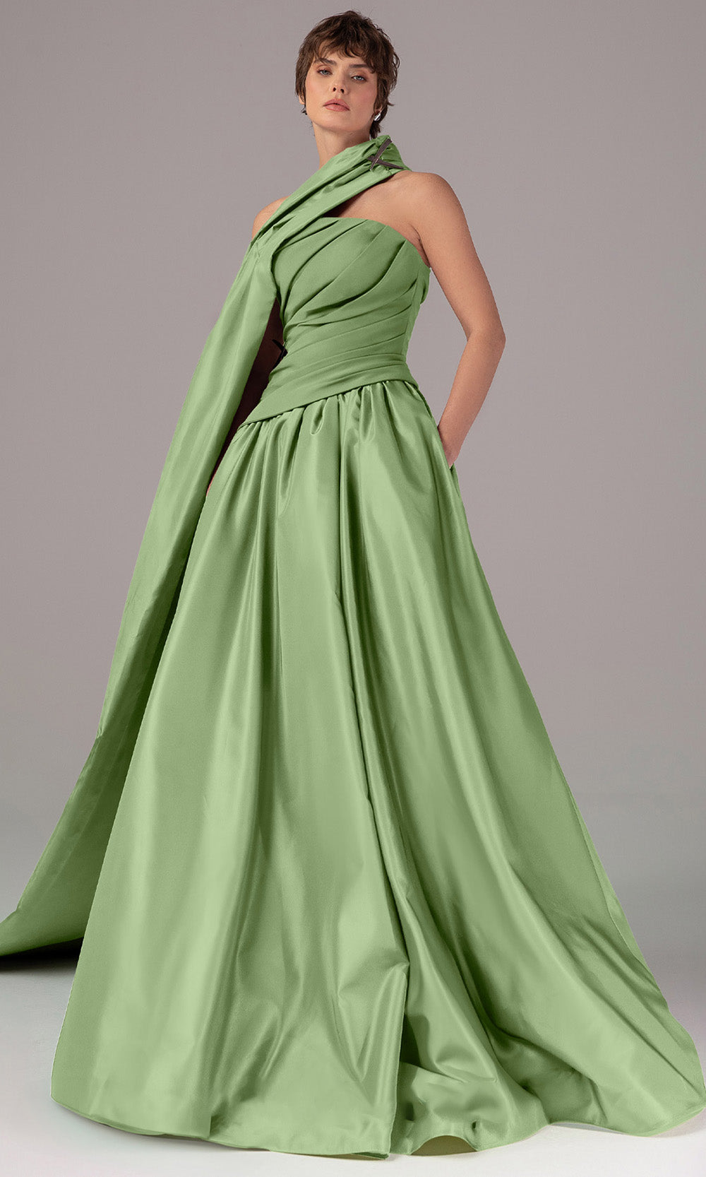 MNM COUTURE E0089 - Draped Bodice Satin Evening Gown Formal Gowns Pistache