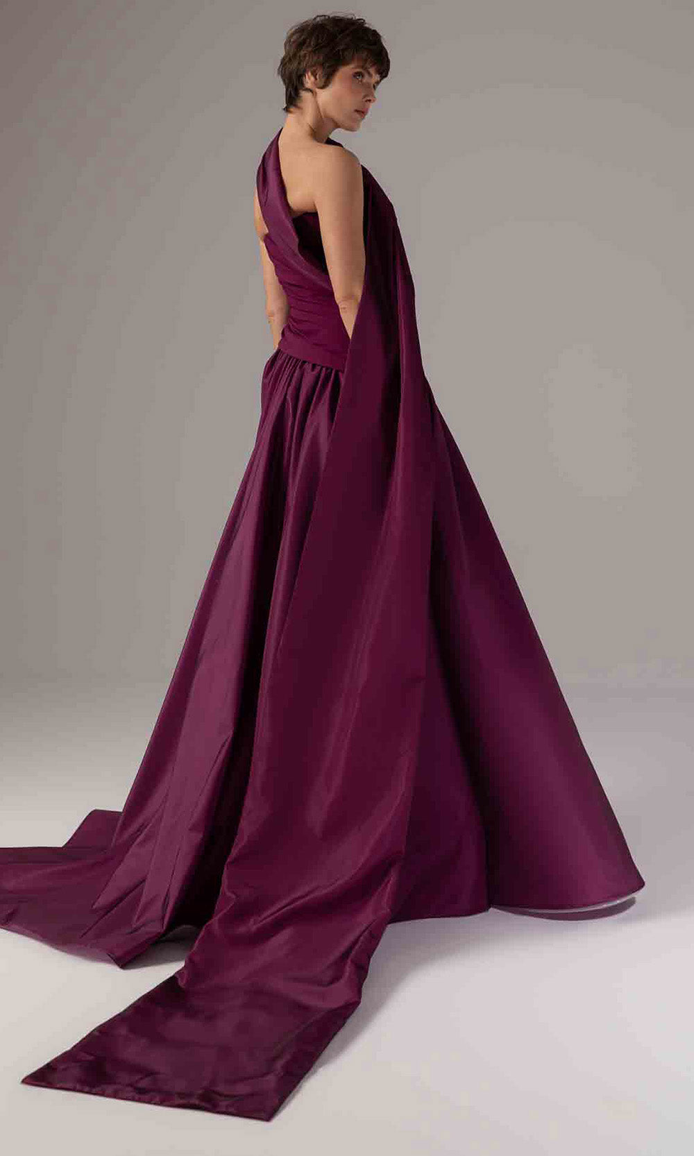 MNM COUTURE E0089 - Draped Bodice Satin Evening Gown Formal Gowns Purple
