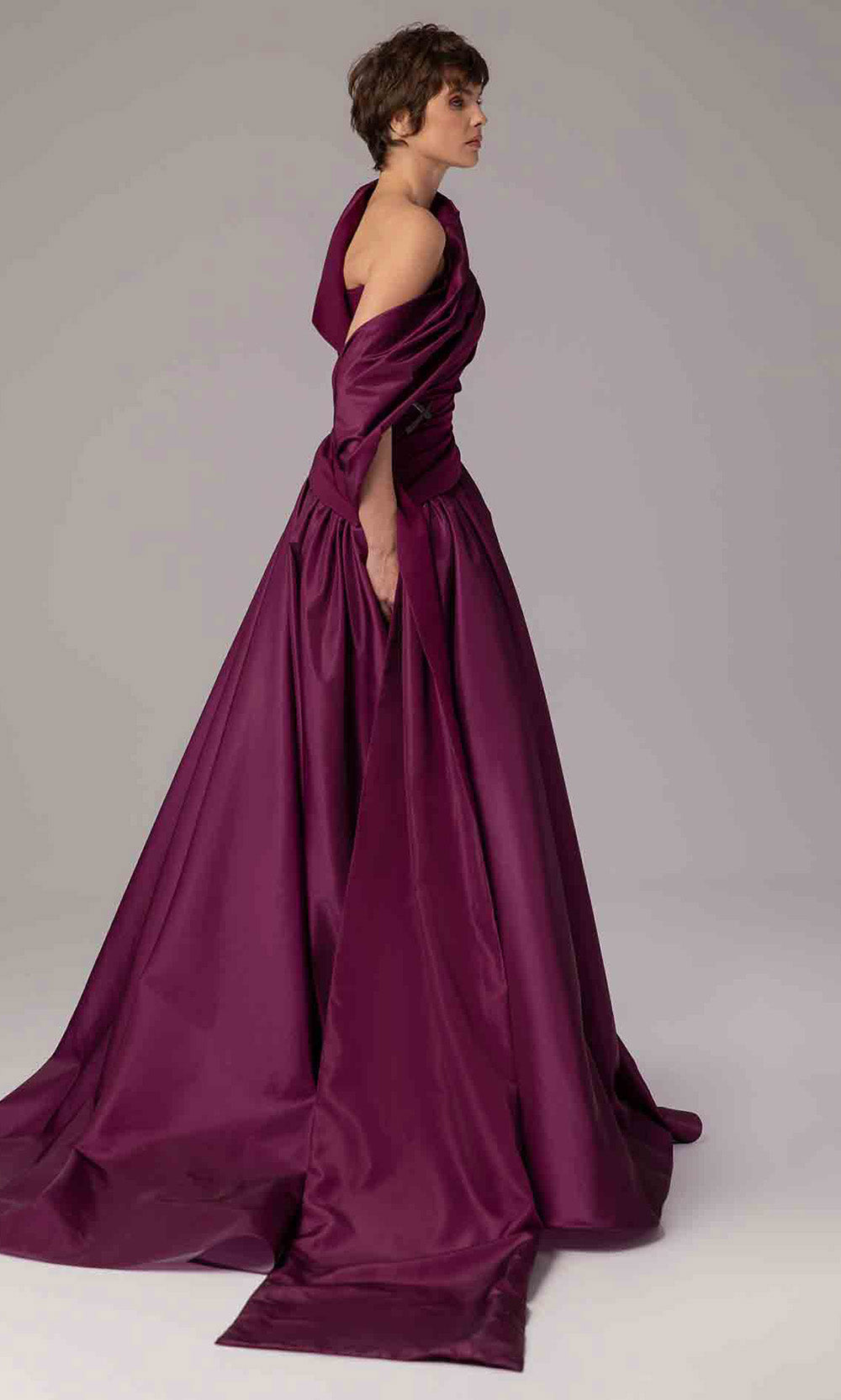 MNM COUTURE E0089 - Draped Bodice Satin Evening Gown Formal Gowns Purple