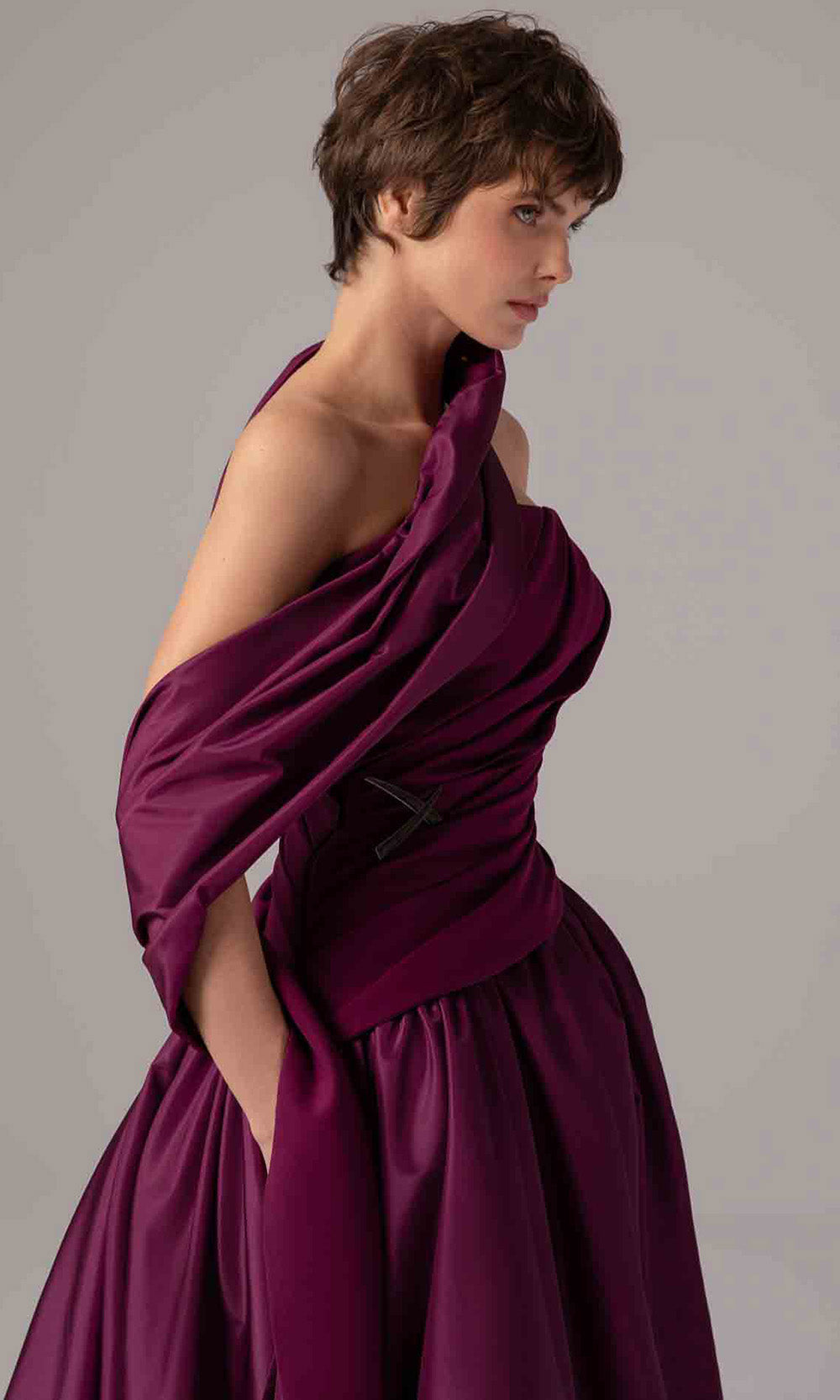 MNM COUTURE E0089 - Draped Bodice Satin Evening Gown Formal Gowns Purple