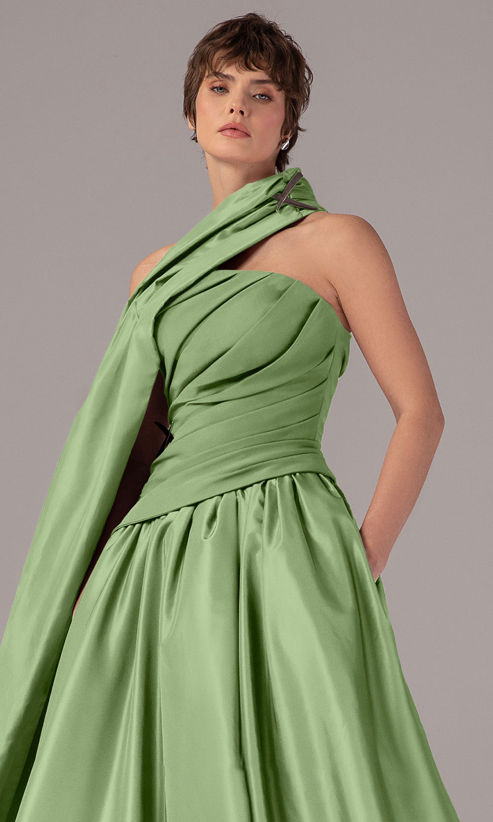 MNM COUTURE E0089 - Draped Bodice Satin Evening Gown Formal Gowns Pistache
