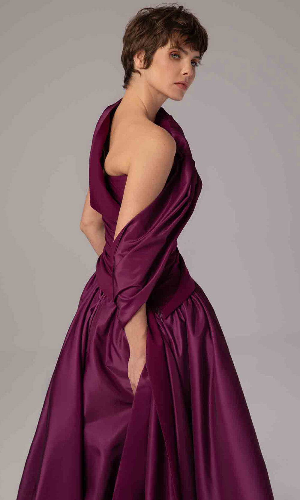MNM COUTURE E0089 - Draped Bodice Satin Evening Gown Formal Gowns Purple