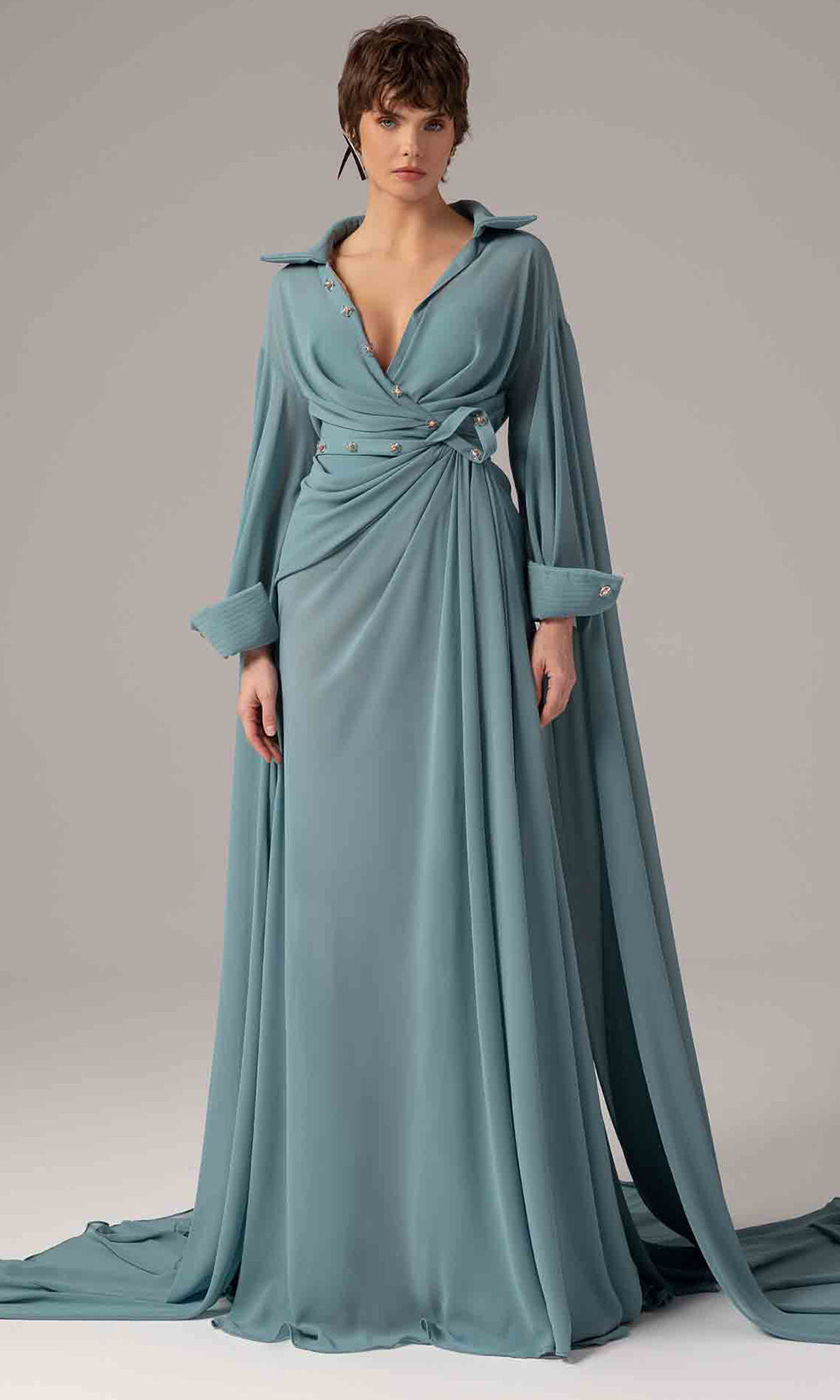 MNM Couture E0093 - Long Cape Sleeve Wrap Front Gown Formal Gowns
