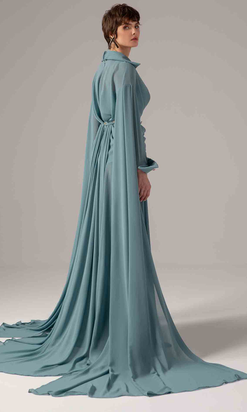 MNM Couture E0093 - Long Cape Sleeve Wrap Front Gown Formal Gowns