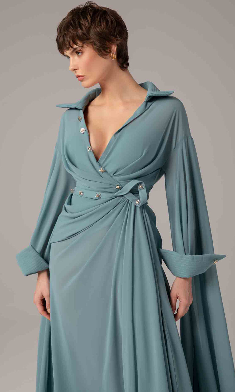 MNM Couture E0093 - Long Cape Sleeve Wrap Front Gown Formal Gowns