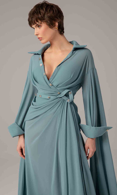 MNM Couture E0093 - Long Cape Sleeve Wrap Front Gown Formal Gowns