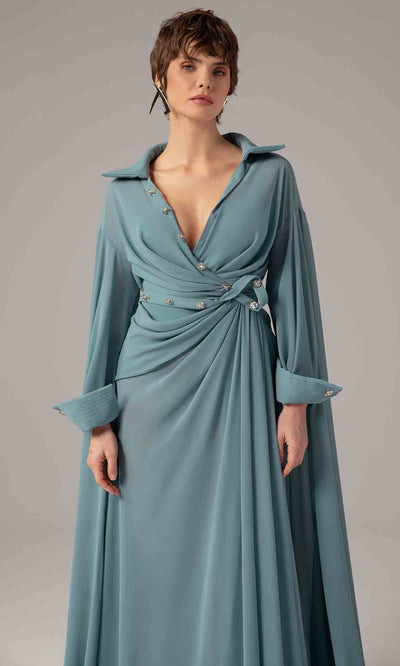 MNM Couture E0093 - Long Cape Sleeve Wrap Front Gown Formal Gowns