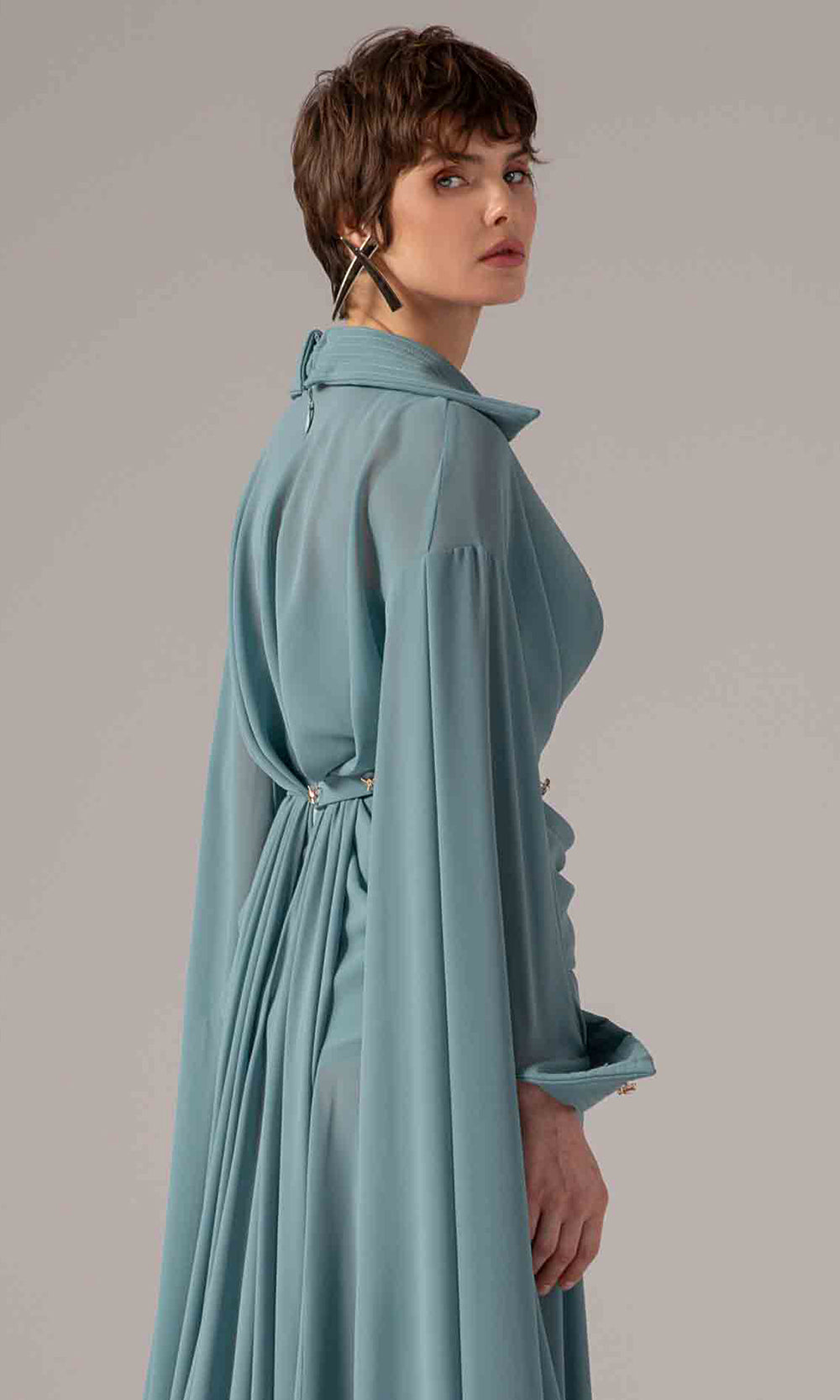 MNM Couture E0093 - Long Cape Sleeve Wrap Front Gown Formal Gowns