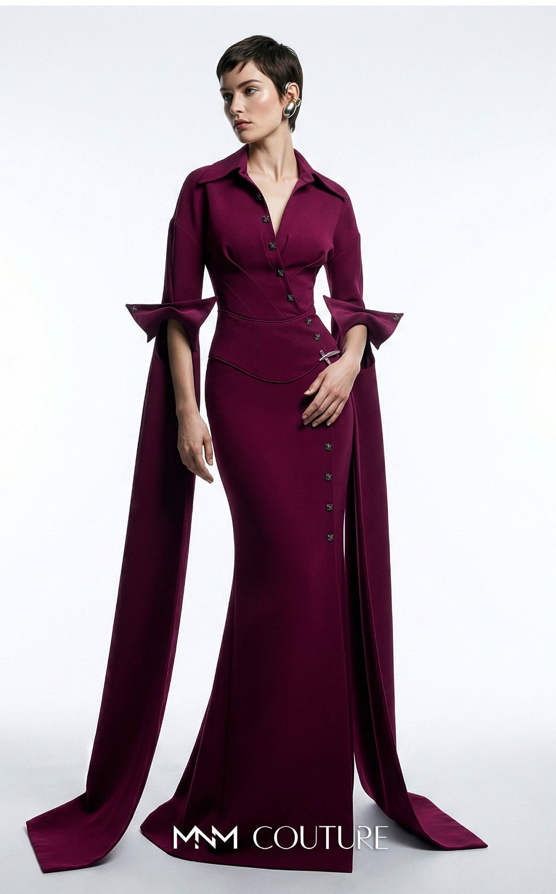 MNM Couture E0094 - Wrap Bodice Cape Sleeve Gown