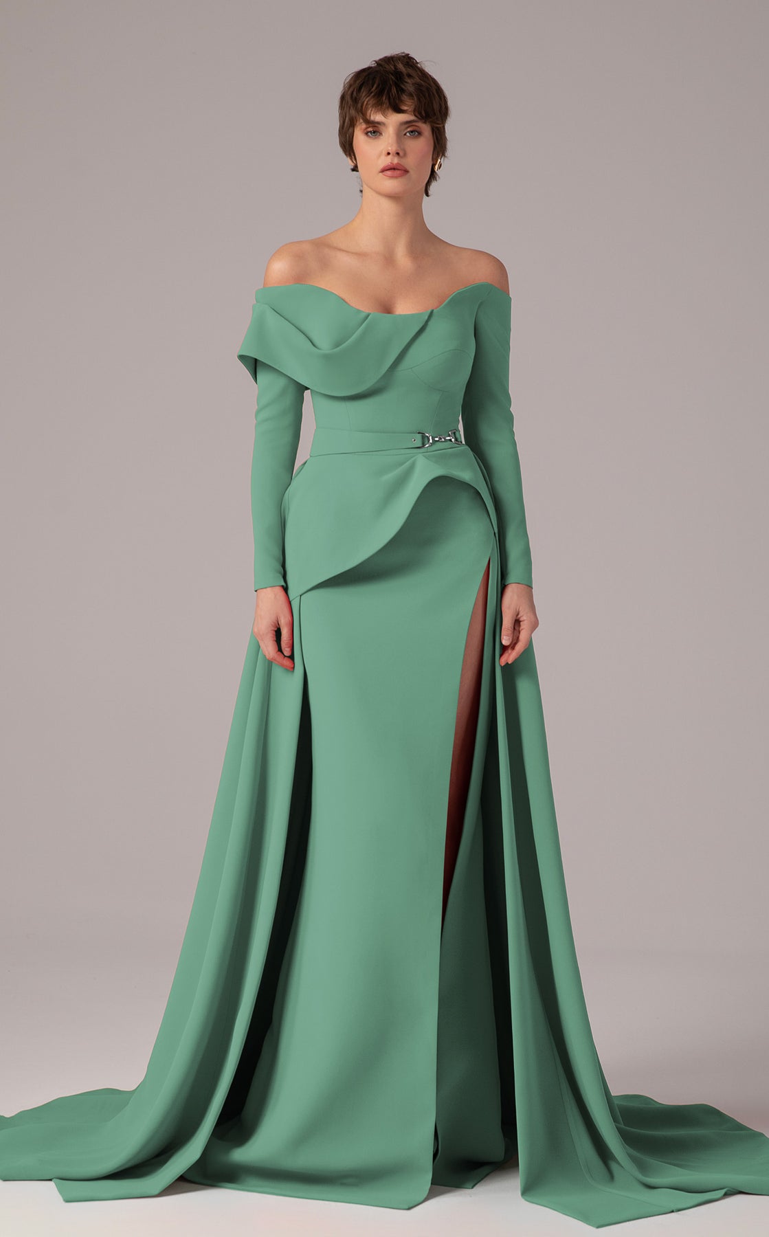 MNM Couture E0099 - Long Sleeve Overskirt Gown with Slit