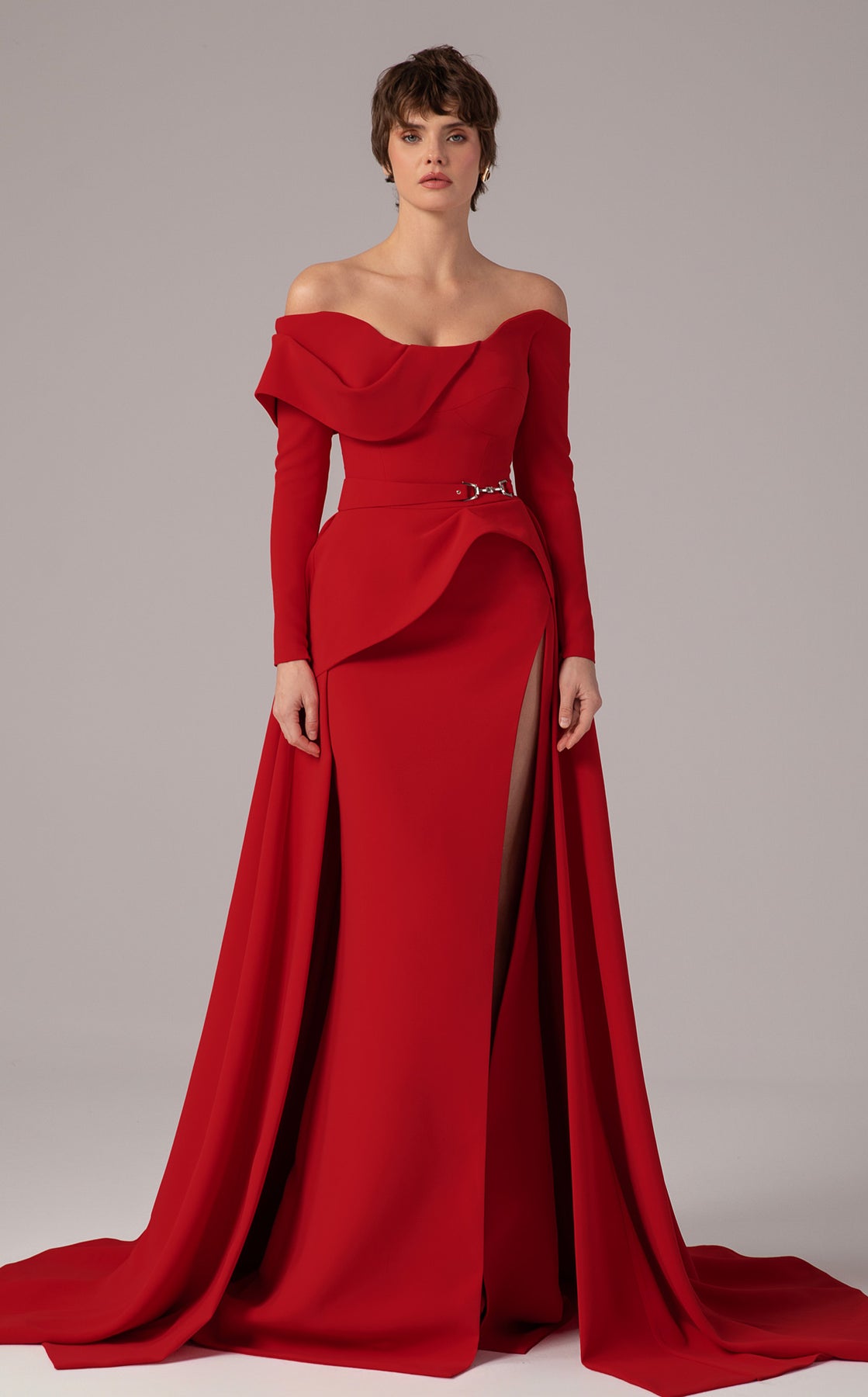 MNM Couture E0099 - Long Sleeve Overskirt Gown with Slit