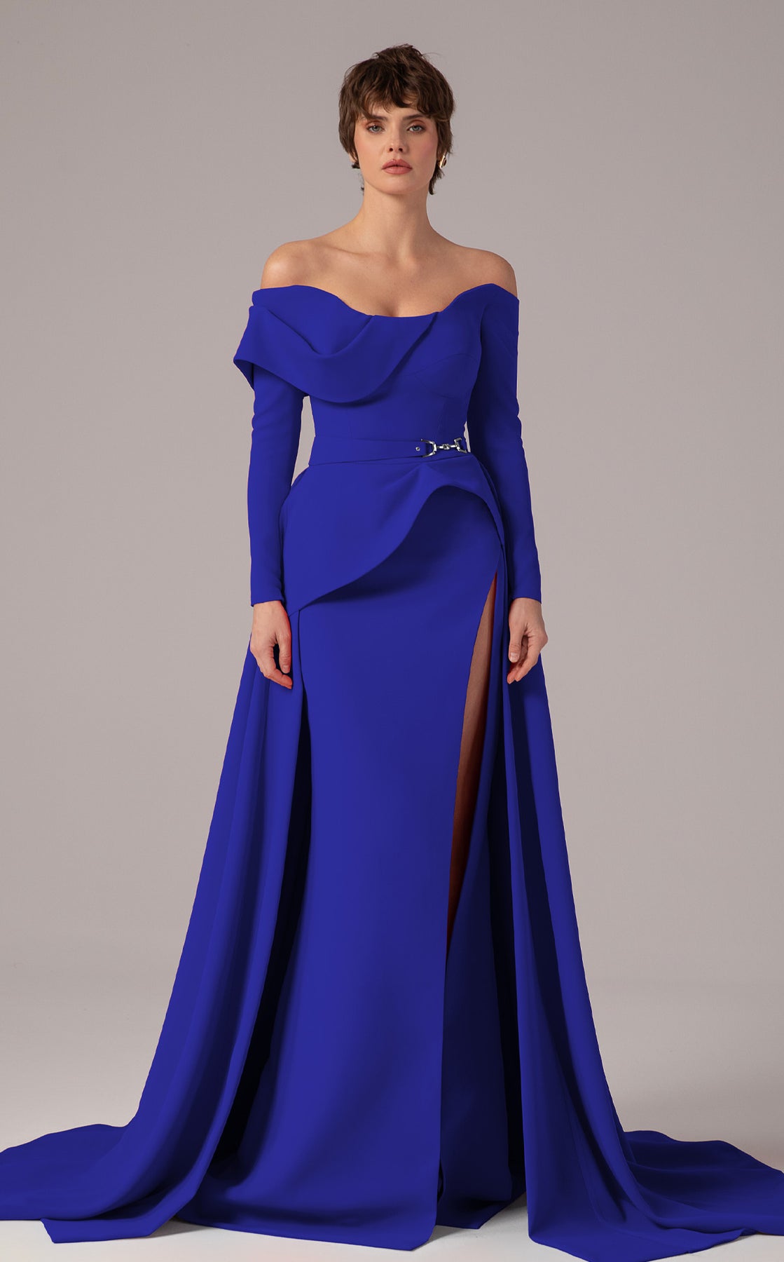 MNM Couture E0099 - Long Sleeve Overskirt Gown with Slit