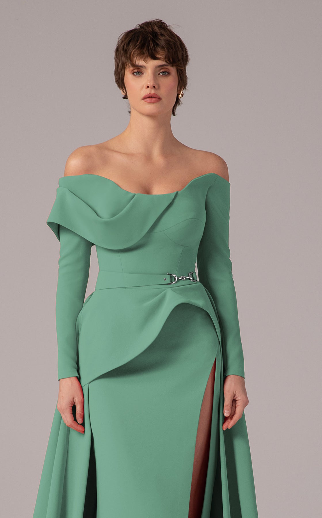 MNM Couture E0099 - Long Sleeve Overskirt Gown with Slit