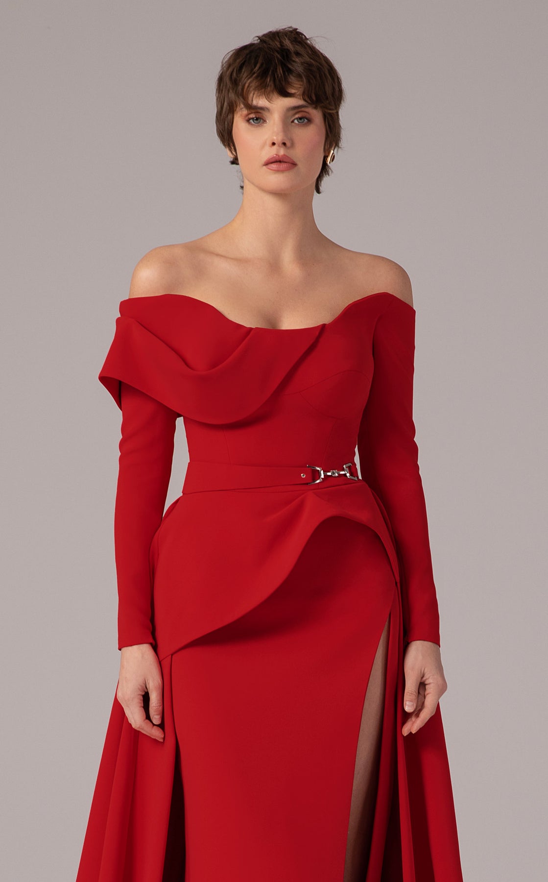 MNM Couture E0099 - Long Sleeve Overskirt Gown with Slit