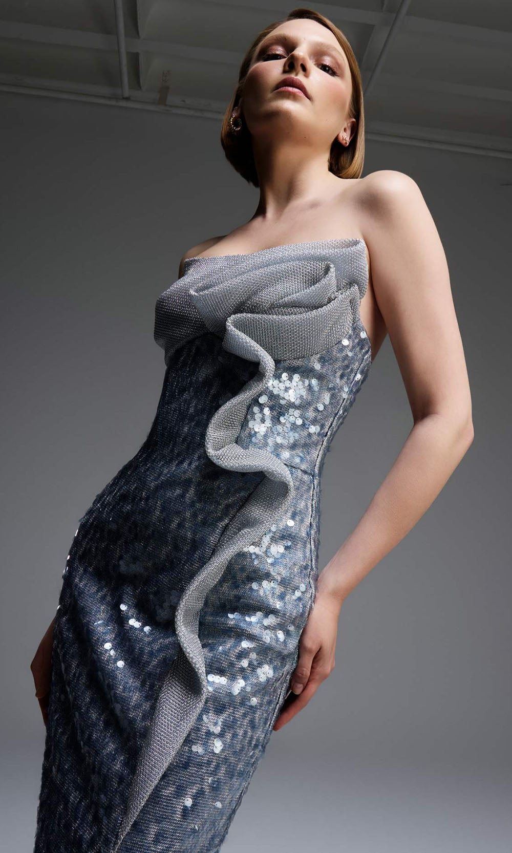 MNM COUTURE E0105 - Ruffle Accent Strapless Fitted Gown Mother of the Bride Dresses