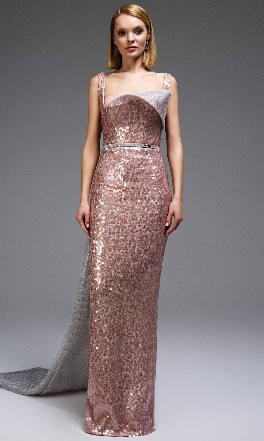 MNM COUTURE E0108 - Asymmetric Fitted Sequin Gown with Belt Mother of the Bride Dresses in Pink