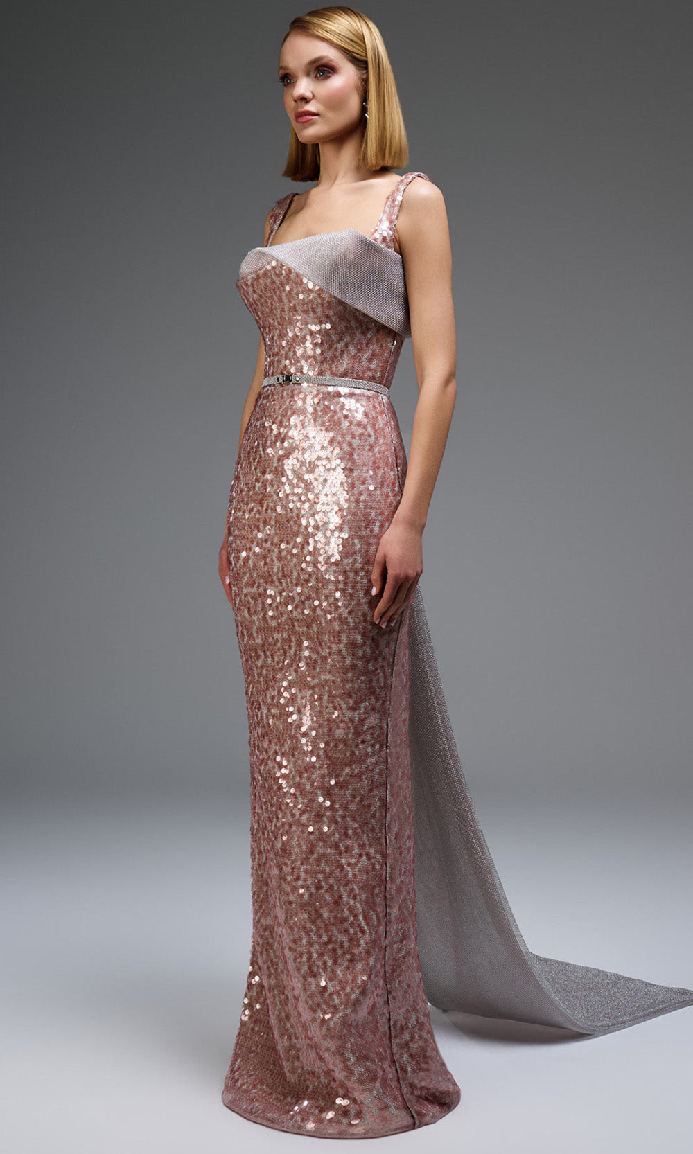MNM COUTURE E0108 - Asymmetric Fitted Sequin Gown with Belt Mother of the Bride Dresses in Pink