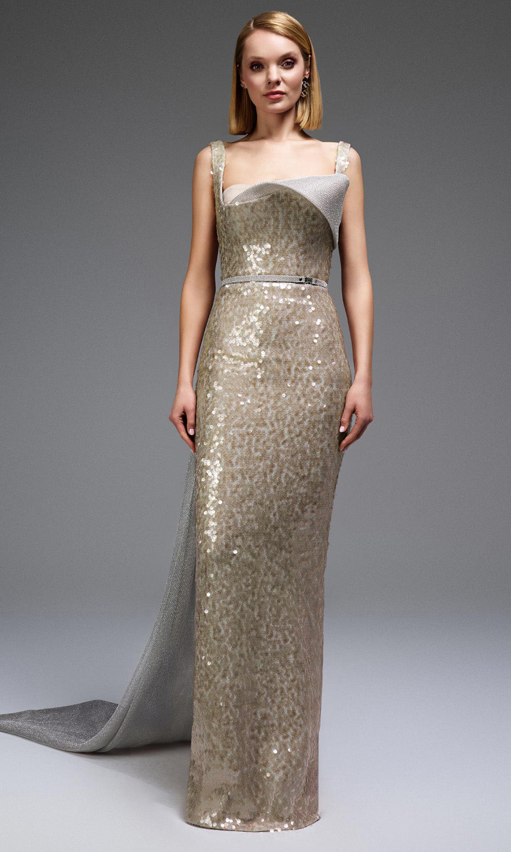 MNM COUTURE E0108 - Asymmetric Fitted Sequin Gown with Belt Mother of the Bride Dresses in Gold