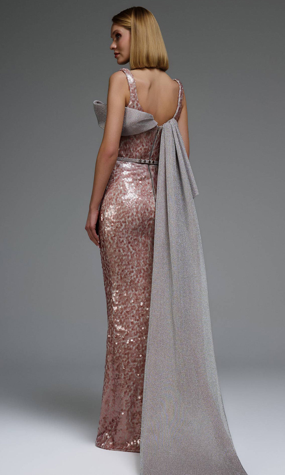 MNM COUTURE E0108 - Asymmetric Fitted Sequin Gown with Belt Mother of the Bride Dresses in Pink