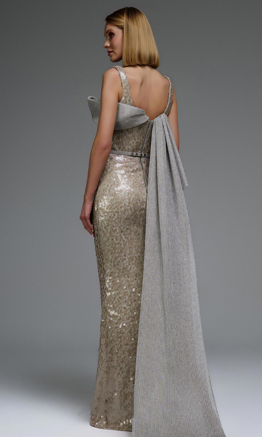MNM COUTURE E0108 - Asymmetric Fitted Sequin Gown with Belt Mother of the Bride Dresses in Gold