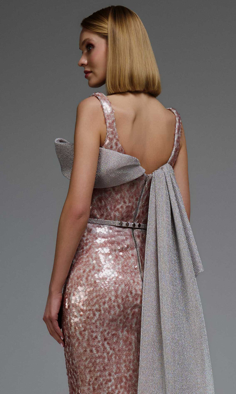 MNM COUTURE E0108 - Asymmetric Fitted Sequin Gown with Belt Mother of the Bride Dresses in Pink