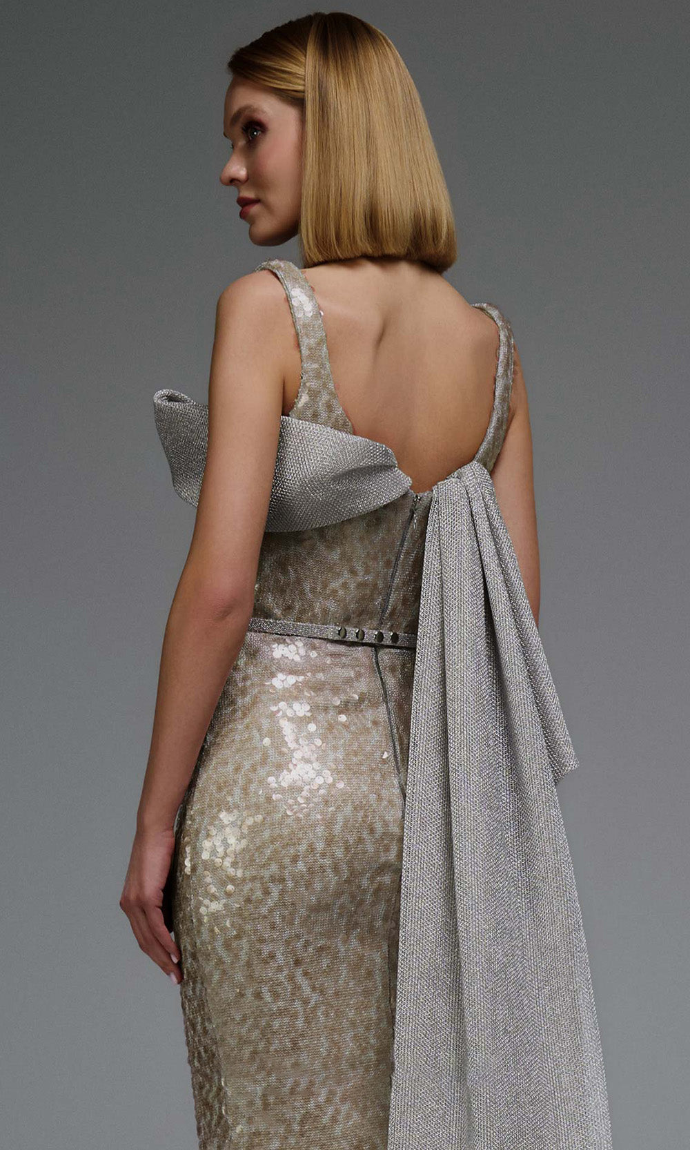 MNM COUTURE E0108 - Asymmetric Fitted Sequin Gown with Belt Mother of the Bride Dresses in Gold