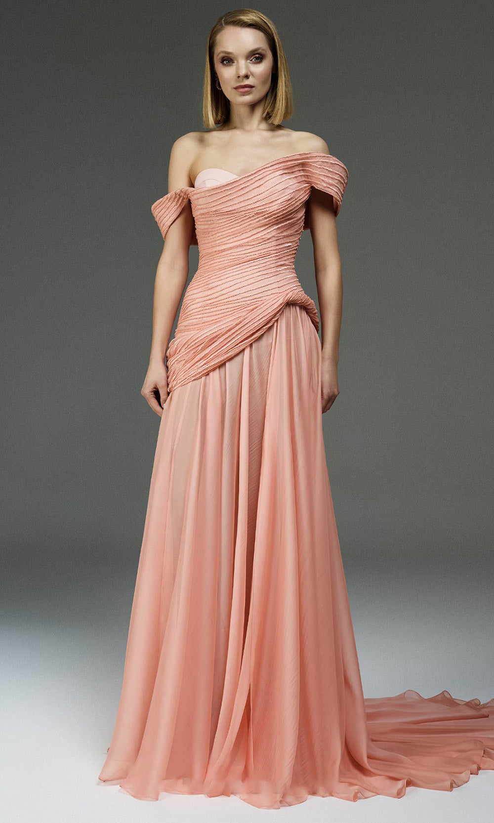 MNM COUTURE E0113 - Embellished Off Shoulder Organza Gown with Overskirt Mother of the Bride Dresses Salmon