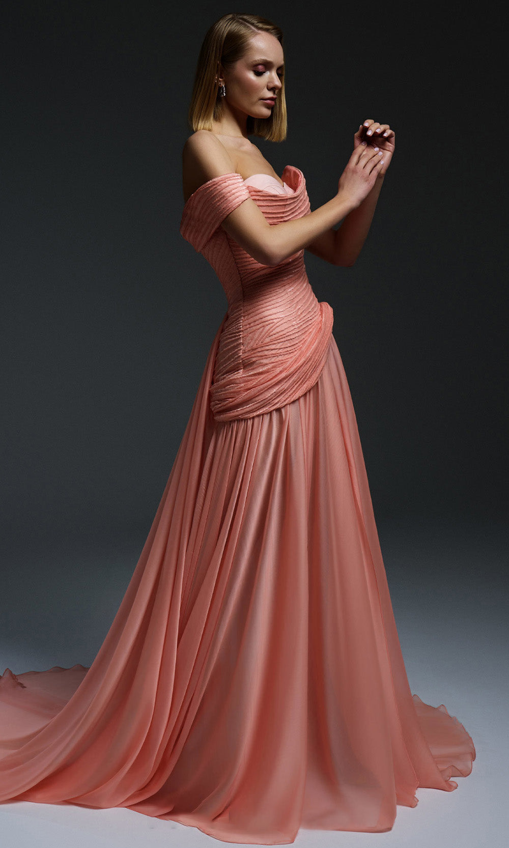 MNM COUTURE E0113 - Embellished Off Shoulder Organza Gown with Overskirt Mother of the Bride Dresses Salmon