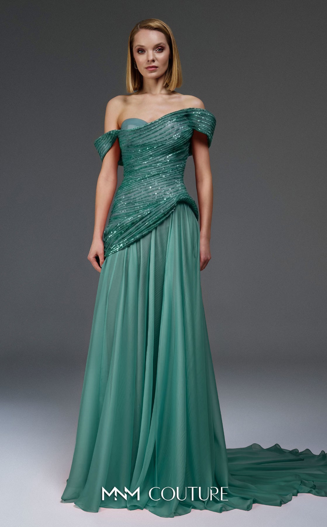 MNM COUTURE E0113 - Embellished Off Shoulder Organza Gown with Overskirt