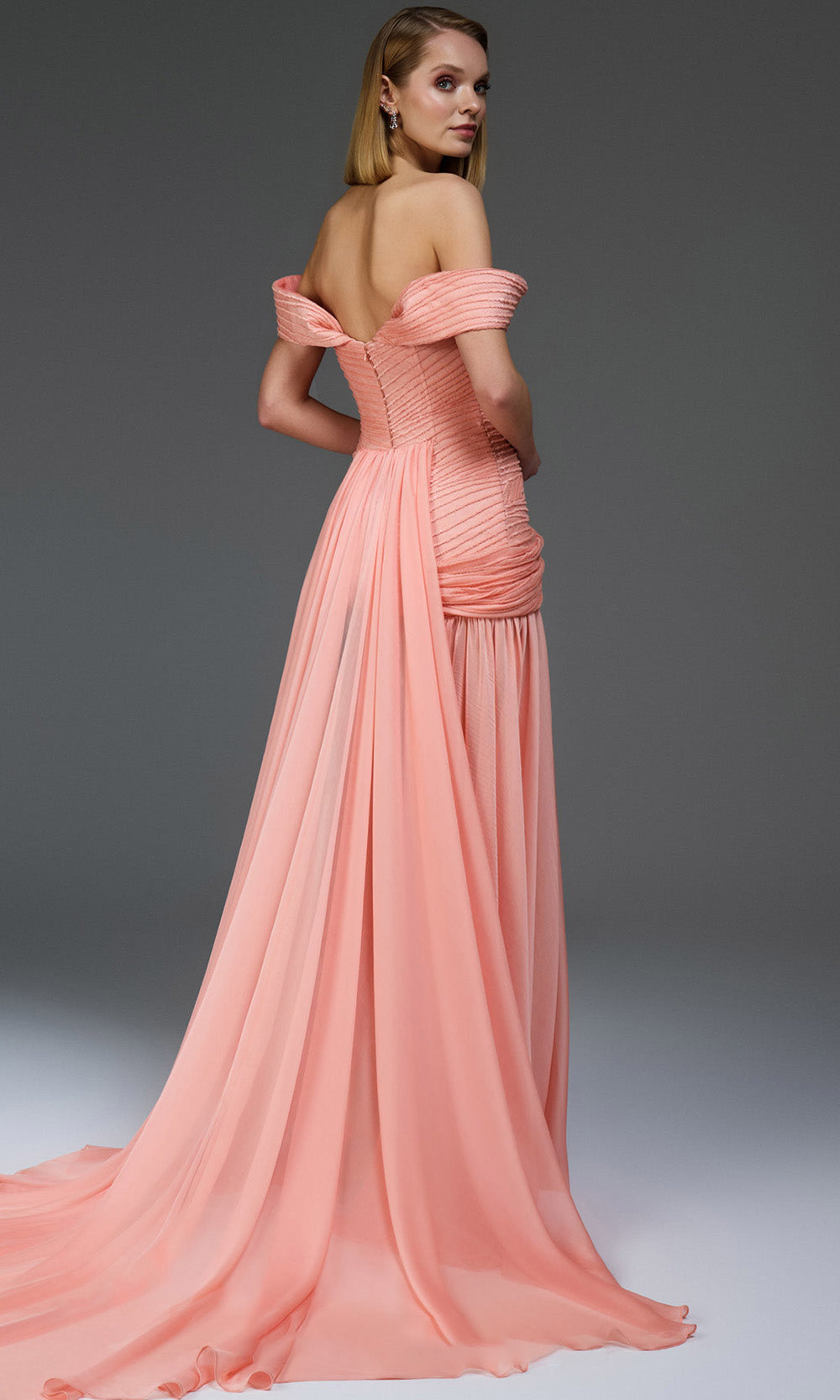 MNM COUTURE E0113 - Embellished Off Shoulder Organza Gown with Overskirt Mother of the Bride Dresses Salmon