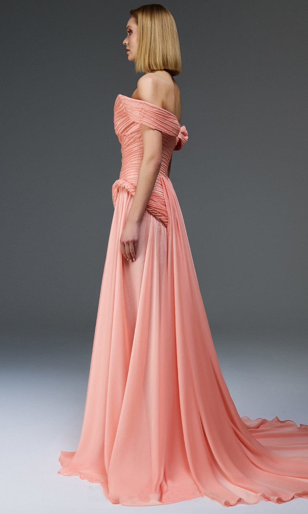 MNM COUTURE E0113 - Embellished Off Shoulder Organza Gown with Overskirt Mother of the Bride Dresses Salmon