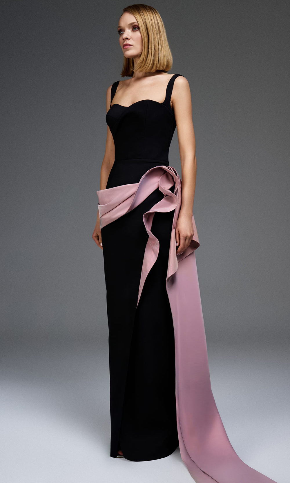 MNM COUTURE E0117 - Wavy Tassel Train Sleeveless Gown Mother of the Bride Dresses in Black Pink