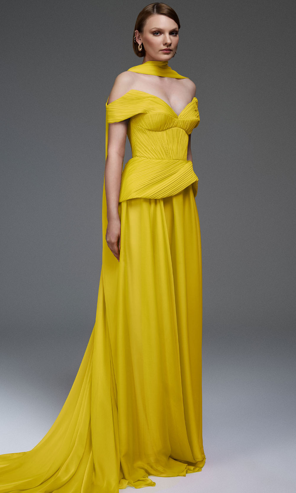 MNM COUTURE E0119 - Peplum Waist Sweetheart A-Line Gown Prom Dresses in Yellow