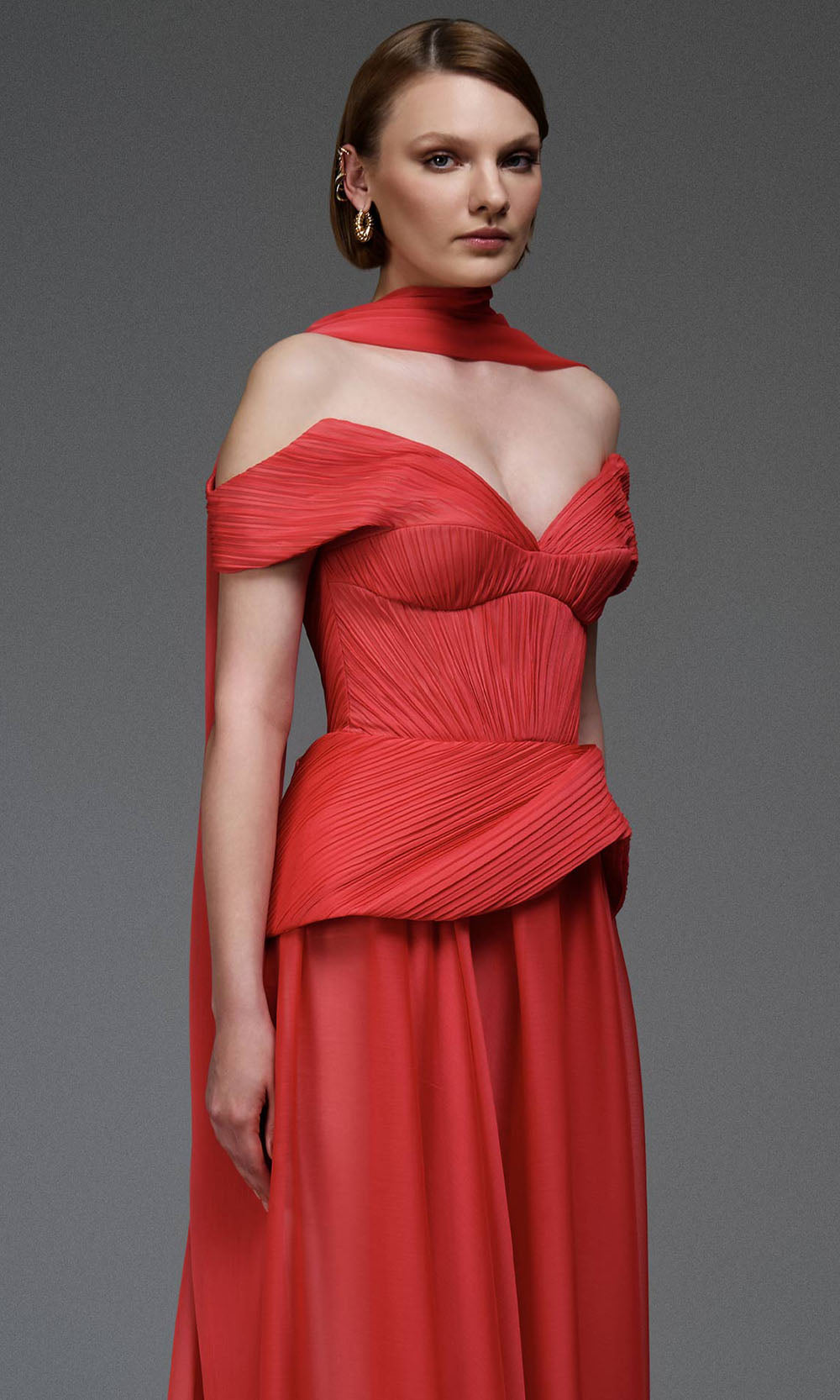 MNM COUTURE E0119 - Peplum Waist Sweetheart A-Line Gown Prom Dresses in Coral