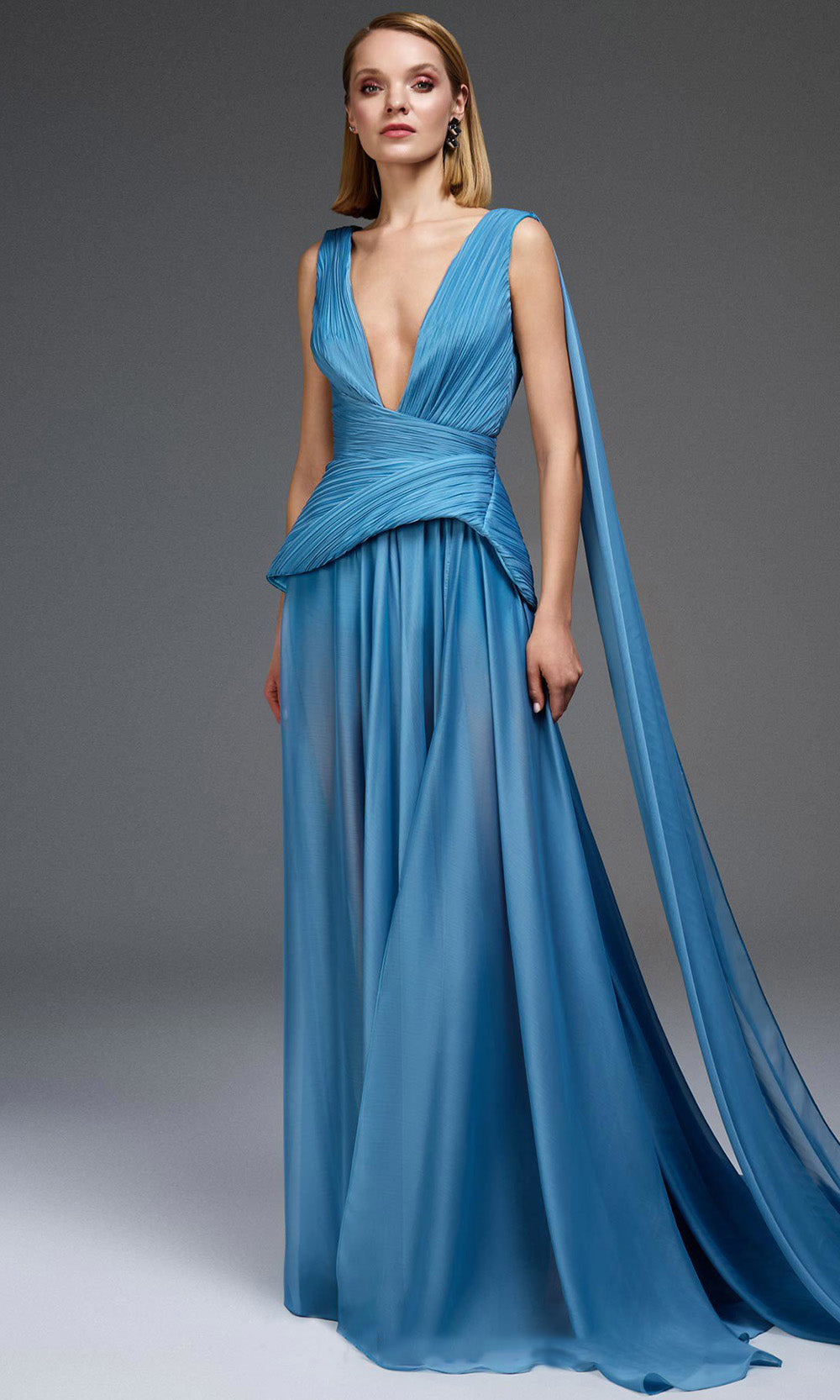 MNM COUTURE E0121 - Plunging V-Neck Peplum Evening Gown Prom Dresses in Blue