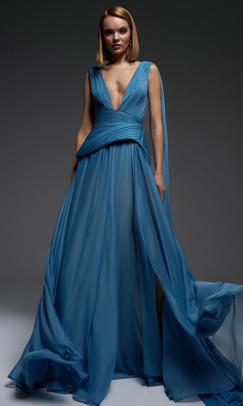 MNM COUTURE E0121 - Plunging V-Neck Peplum Evening Gown Prom Dresses in Blue