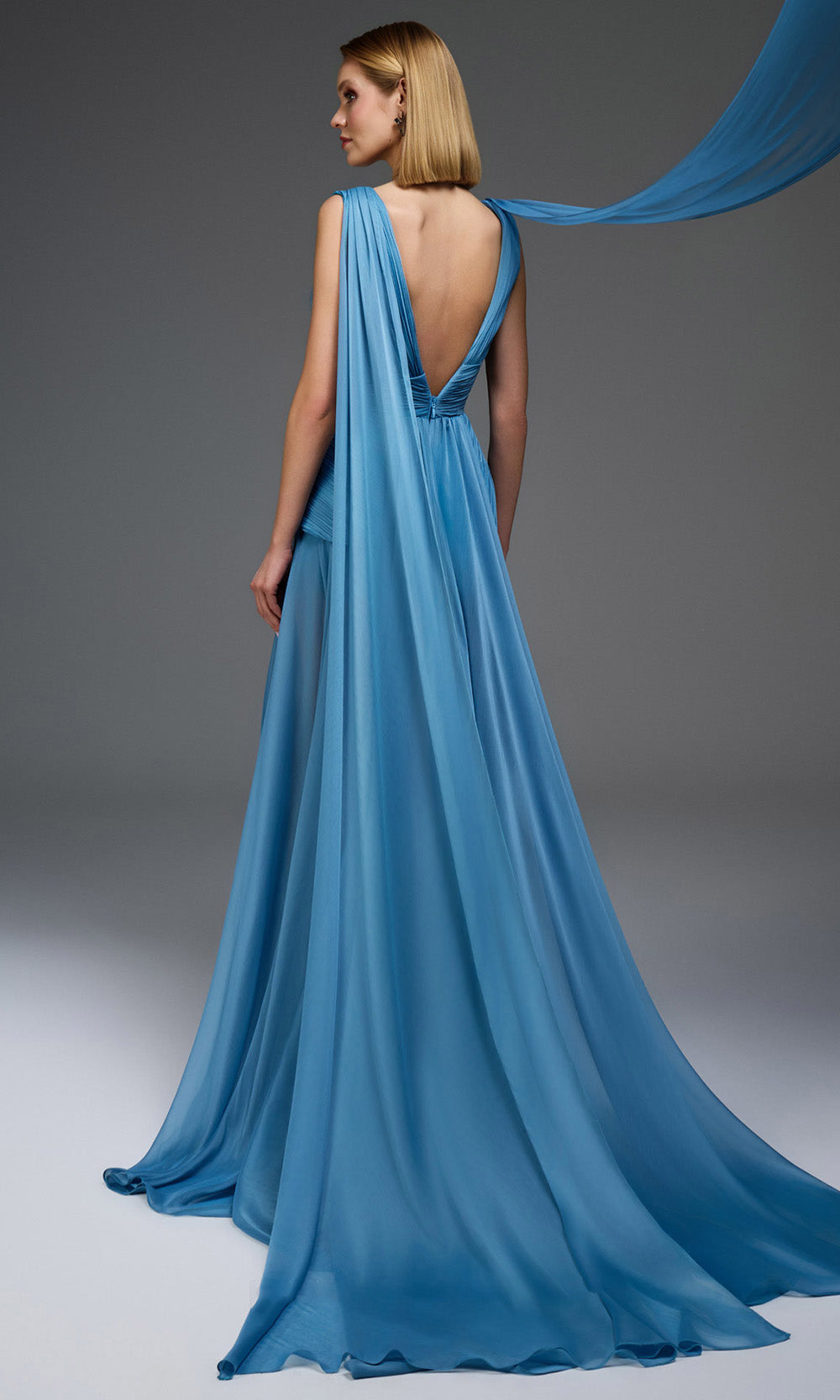 MNM COUTURE E0121 - Plunging V-Neck Peplum Evening Gown Prom Dresses in Blue