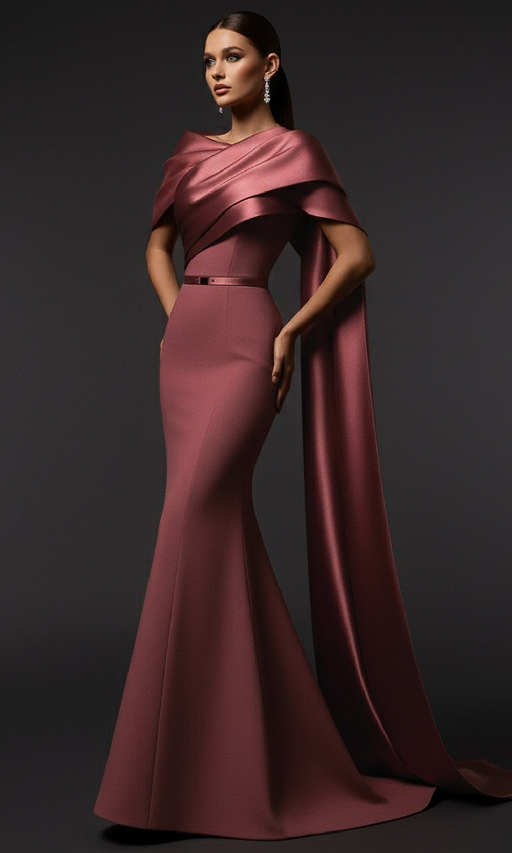 MNM COUTURE E0125 - Asymmetrical Draped Neckline Evening Gown Mother of the Bride Dresses in Pink 