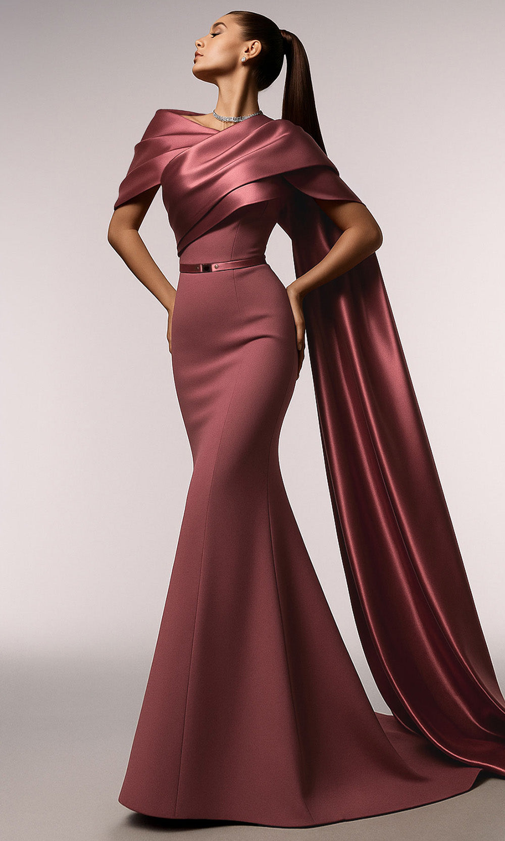 MNM COUTURE E0125 - Asymmetrical Draped Neckline Evening Gown Mother of the Bride Dresses in Pink 