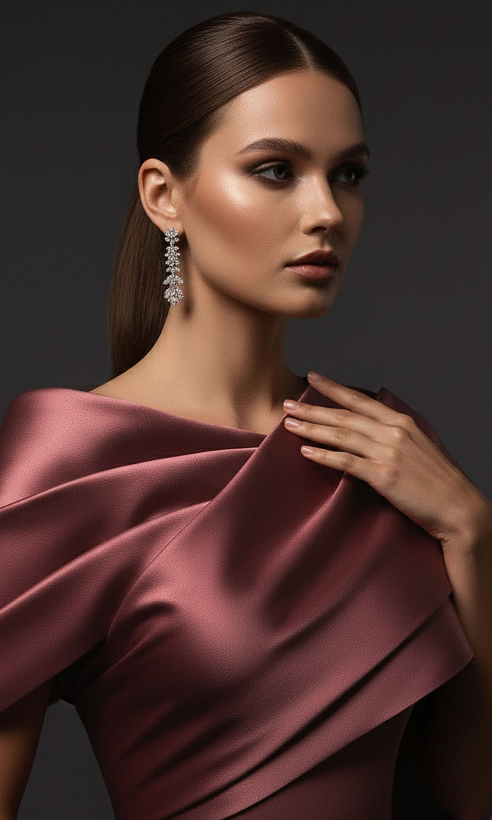 MNM COUTURE E0125 - Asymmetrical Draped Neckline Evening Gown Mother of the Bride Dresses in Pink 