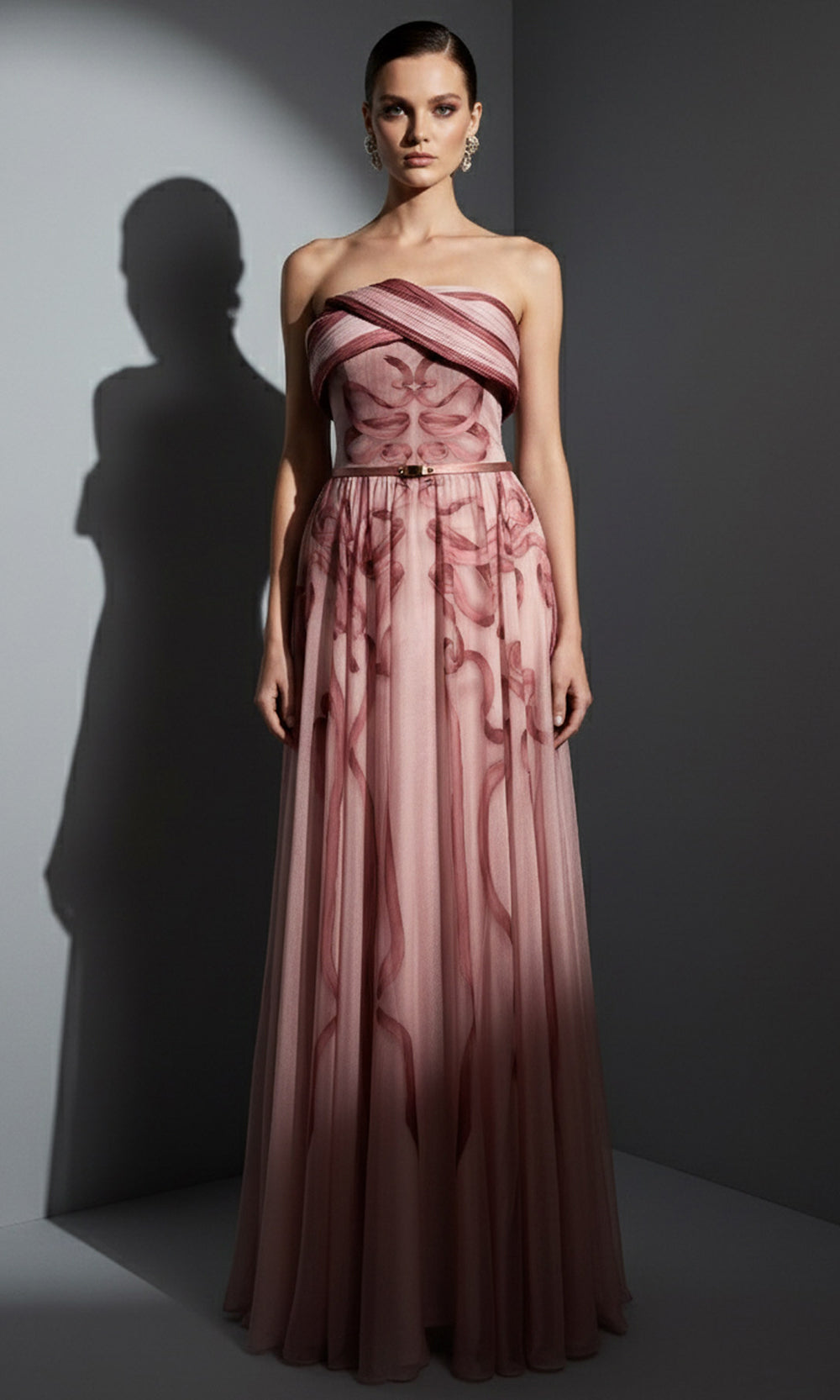 MNM COUTURE E0129 - A-Line Printed Evening Dress with Belt Prom Dresses in Pink 