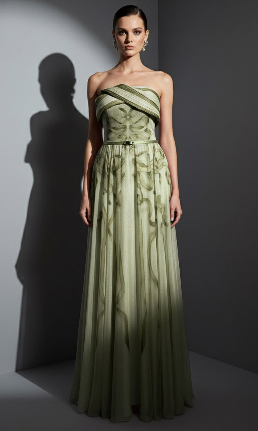 MNM COUTURE E0129 - A-Line Printed Evening Dress with Belt Prom Dresses in Olive 